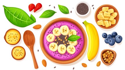 Berry Banana Smoothie Bowl Flatlay.