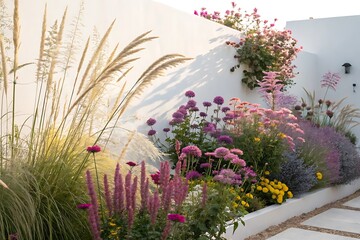 Fototapeta premium Colorful Blooming Flowers and Ornamental Grasses on White Background – Modern Minimalist Floral Display