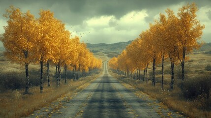 Fototapeta premium Autumnal Road Through Golden Trees