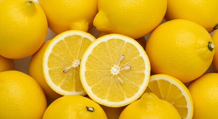Fresh whole and sliced lemons isolated, showing vibrant yellow color and juicy texture. Ideal for citrus fruit themes, healthy food, and vitamin-rich diet concepts. High-quality isolated image.