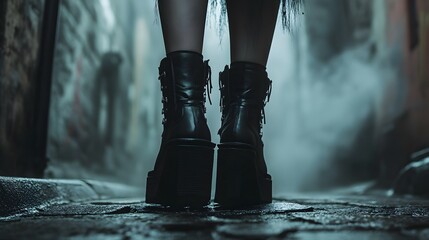 Gothic platform boots in a dark alley with fog