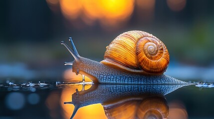 A detailed close-up of a snail on water's surface.