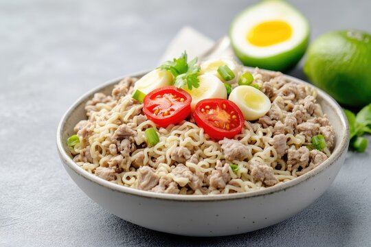Bowl of noodles with ground meat, topped with halved cherry tomatoes, sliced hard-boiled eggs, and chopped green onions. Fresh cilantro garnish