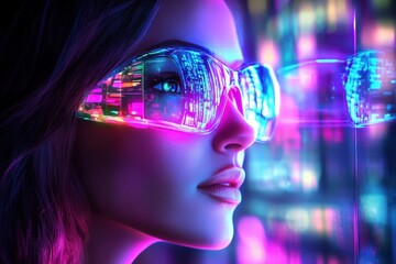 Close-up view of a young woman wearing futuristic glasses.