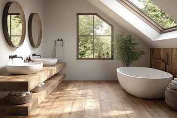 Fototapeta premium Modern rustic bathroom interior with natural light.