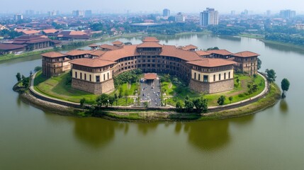 Obraz premium Panoramic aerial view of circular building complex on island in lake, city skyline in background. Possible use Stock photo for architectural tourism