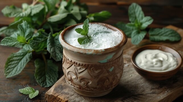 cup Chilled Turkish ayran served in a rustic clay