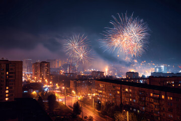 Enchanting night sky filled with fireworks and city lights celebrating New Year's Eve