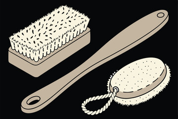 70 natural bristle brush, wooden brush, natural exfoliating sponge, black background