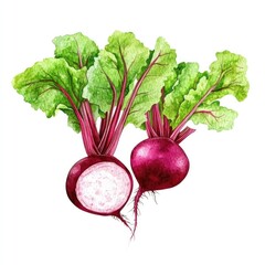 Watercolor beetroot illustration with leaves isolated on white background for natural food designs