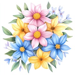 Obraz premium Floral watercolor bouquet in blush pink, yellow, and light blue for art and design