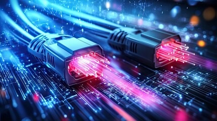 Close up view of two fiber optic cables with red light emitting on a circuit board background