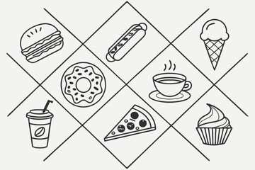 Minimalist Food and Beverage Line Art Icons Collection Fast Food, Desserts, and Drinks Vector Set generate ai