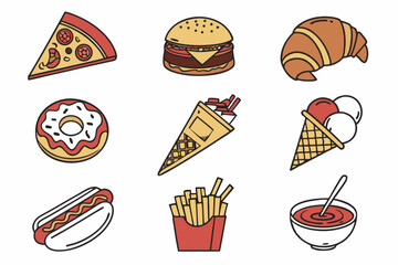 Colorful Fast Food and Dessert Vector Icons Collection  Burger, Pizza Ice Cream and Street Food Illustrations generate ai