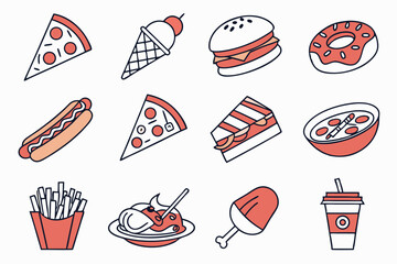 Red and White Food Icons Vector Set  Minimalist Fast Food Dessert and Takeout Illustrated Collection 
 generate ai