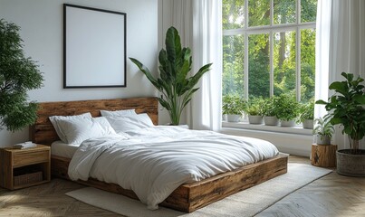 Interior design of a modern bedroom with wooden furniture and natural light.
