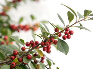 Obraz premium A close-up photo of a branch with small, red berries and green foliage. A branch of red berries hanging from a tree. The berries are small and red, and they are clustered together.