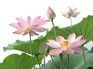Fototapeta premium A view of a cluster of pink lotus flowers and green leaves isolated on white background. The flowers are in full bloom and are the center of attention.