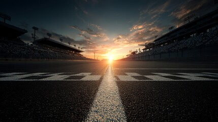 Obraz premium Dramatic Sunset View Stunning Race Track Asphalt Finish Line Grandstand Stadium Golden Hour Evening Race Car Speed Sport Competition Asphalt Road 