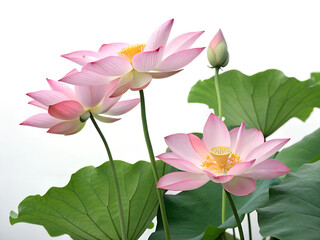 Fototapeta premium A view of a cluster of pink lotus flowers and green leaves isolated on white background. The flowers are in full bloom and are the center of attention.