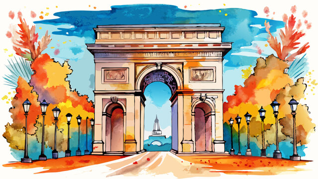 close up Arc de Triomphe. Arc de Triomphe hand drawn watercolor illustration Very beautiful