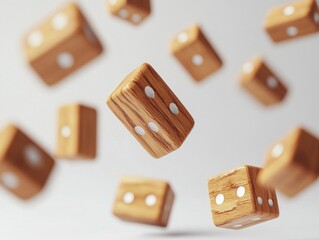Wooden dice floating in mid-air