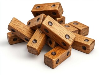 Wooden puzzle blocks in a pile