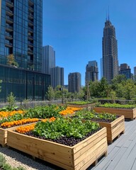 Fototapeta premium Urban rooftop garden featuring raised beds with tomatoes and leafy greens against a city skyline in Chicago Illinois