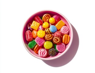 Colorful hard candies in a pink bowl