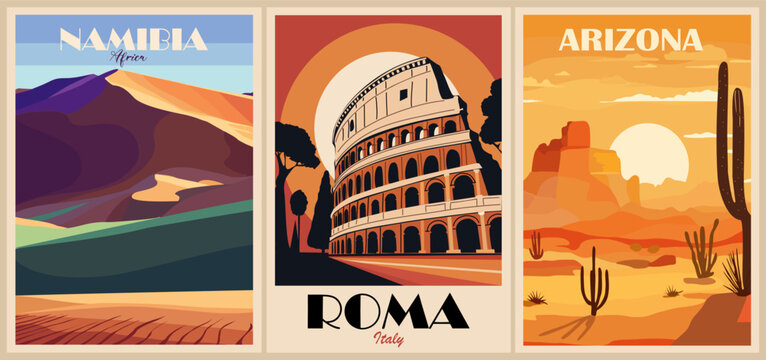 Set of travel destination posters in retro style. Namibia, Roma, Italy, Arizona, USA landscape vector colorful vector illustration 