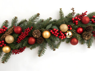Fototapeta premium Christmas garland with red and gold baubles, berries, and pinecones on a white background.