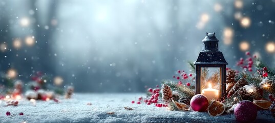 Christmas Still Life with Black Lantern, Red Ornaments and Fir Arrangement on Snowy Table