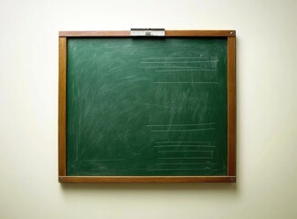 A vintage, green chalkboard mounted on a wall.  The board displays faint, horizontal lines and some light scratches from use