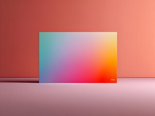 A vibrant gradient color poster mockup stands against a muted coral backdrop in a minimalist studio setting.