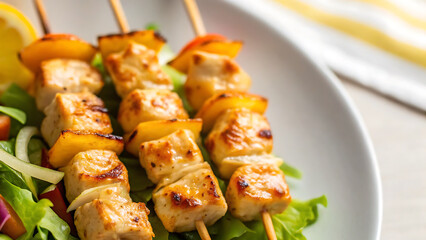 Chicken kabob Grilled chicken kabob with vegetables served on bed of fresh lettuce creating colorful and tasty meal