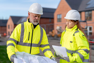 Construction workers communicate and plan project details at residential building site