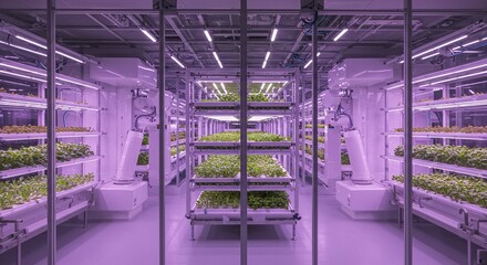 Futuristic Automated Vertical Farming Facility with Hydroponic System and Robotics