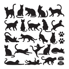 Set of Cat Silhouettes in Various Poses on White Background 