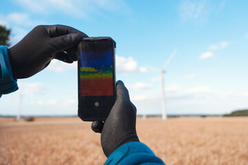 Wind energy specialist monitors turbine operations in field using portable thermal infrared device,...
