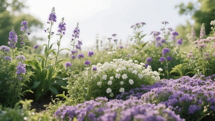 Naklejka premium Vibrant Purple and White Flowering Plants with Green Foliage on Neutral Background – Natural Garden Aesthetic