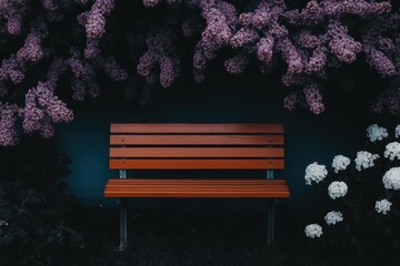 A solitary wooden bench nestled beneath a vibrant lilac arbor