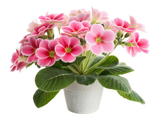 Naklejka premium Gloxinia flowers bloom beautifully in pot showcasing vibrant pink petals and lush green leaves, adding charm to any space