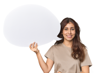 Middle Eastern woman holding comic bubble laughing and having fun.