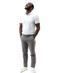 Fototapeta premium A young Black man looks upwards with a smile.