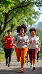Fototapeta premium Group of African plus-size women running outdoors in city park