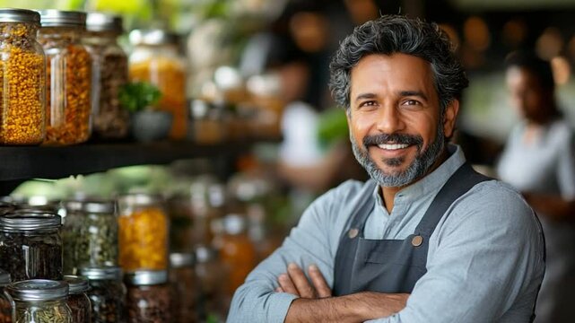 An enthusiastic, mature shopkeeper stands proudly in his clean and well-stocked food store, with a smile that radiates warmth and welcoming energy.