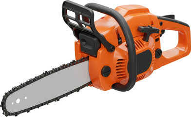 Naklejka premium Orange and Black Chainsaw with Silver Blade Angled Perspective