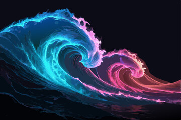 Obraz premium Generate a vibrant, 3D abstract vector image featuring flowing neon waves with glowing highlights, emphasizing dynamic curves and futuristic aesthetics.