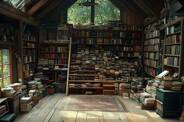 Obraz premium A rustic attic room overflowing with countless books, stacked high on shelves and piled on the floor, creating a cozy and cluttered atmosphere. Sunlight streams through a high window