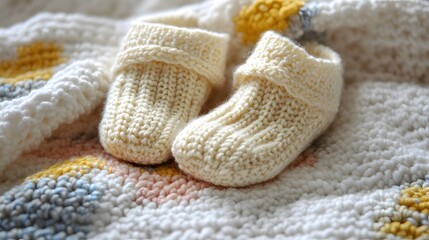 Crocheted baby booties on a soft blanket